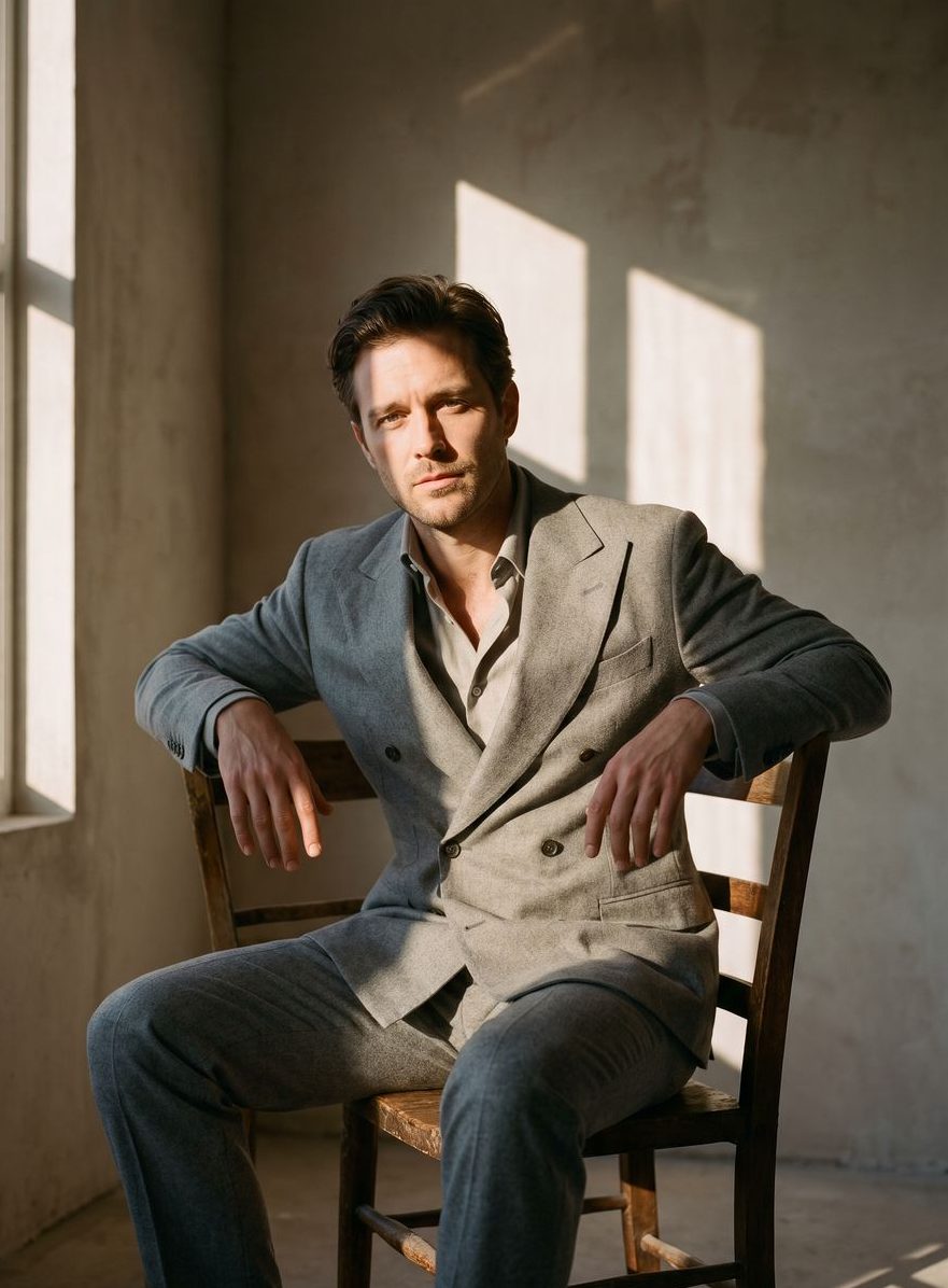 Model in a grey wool double-breasted suit seated in a sunlit empty room