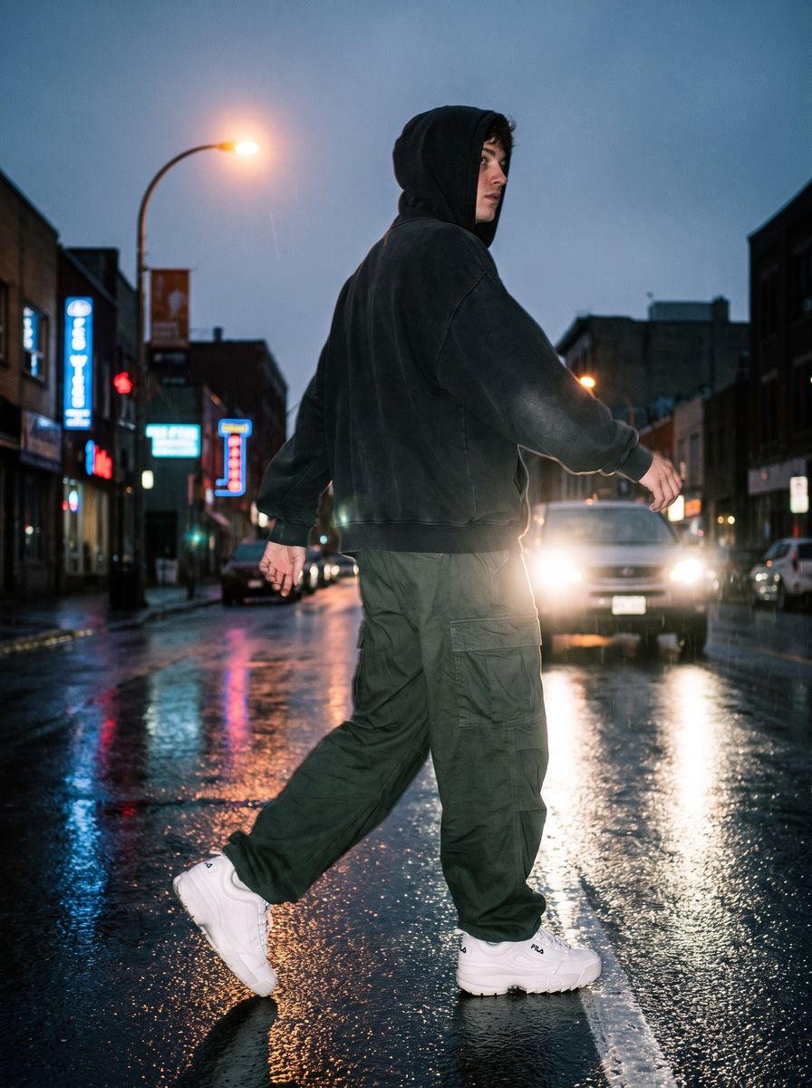 Streetwear campaign, model walking on a Milan street at golden hour